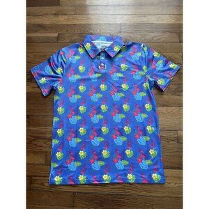 Proud 90 Golf Polo Shirt Men's Blue Floral Flamingo Stretch Short Sleeve Size S